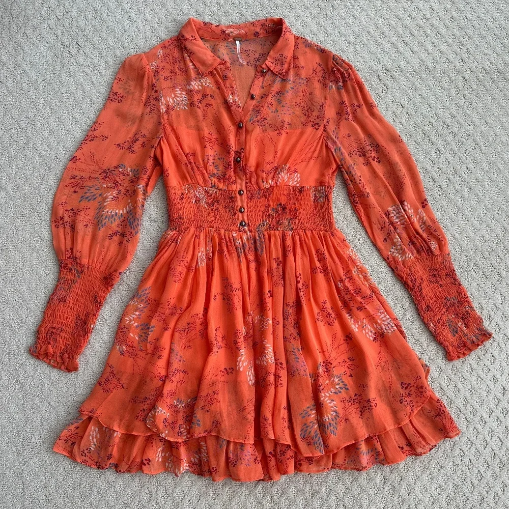 Free People Long Sleeve Smocked Mini Dress Orange XS Boho Festival Romantic